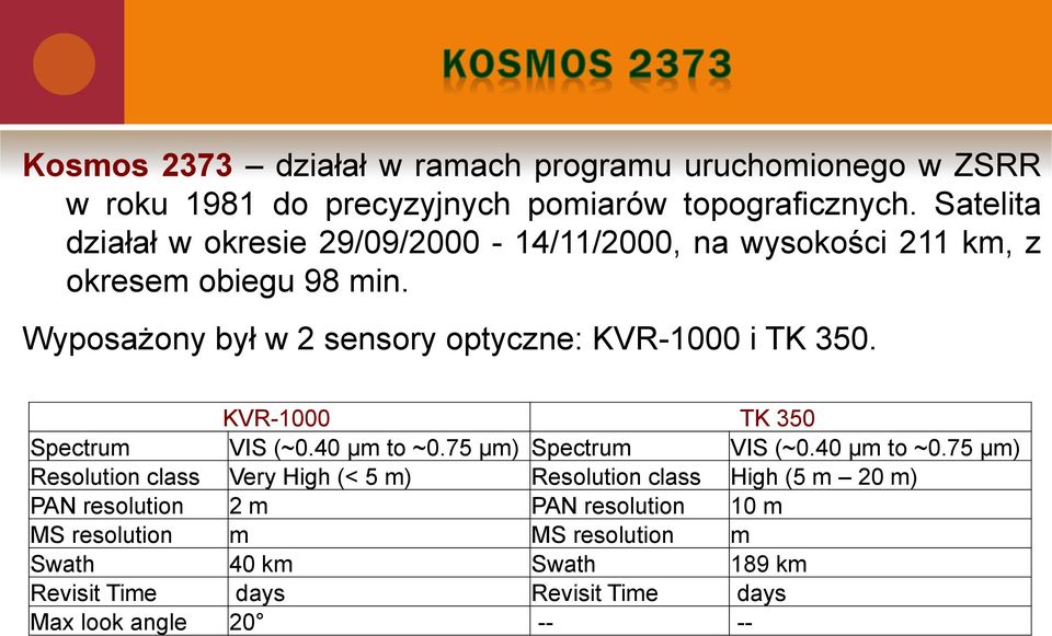 Wyposażony był w 2 sensory optyczne: KVR-1000 i TK 350. KVR-1000 TK 350 Spectrum VIS (~0.40 µm to ~0.