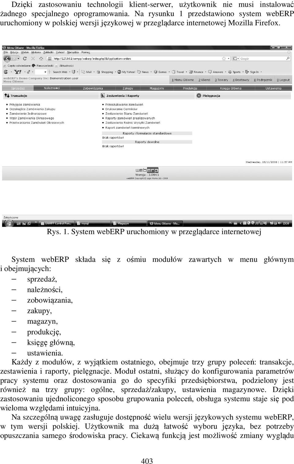 przedstawiono system weberp uruchomiony w polskiej wersji językowej w przeglądarce internetowej Mozilla Firefox. Rys. 1.