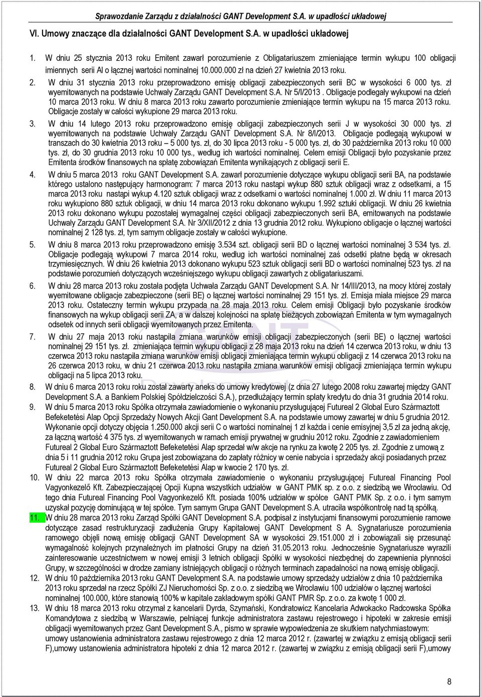 000 zł na dzień 27 kwietnia 2013 roku. 2. W dniu 31 stycznia 2013 roku przeprowadzono emisję obligacji zabezpieczonych serii BC w wysokości 6 000 tys.