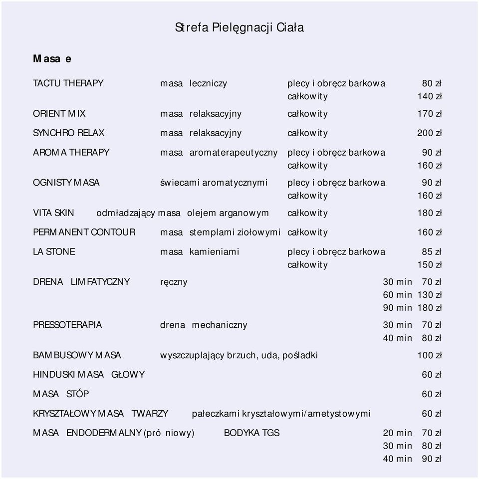 masaż olejem arganowym całkowity 180 zł PERMANENT CONTOUR masaż stemplami ziołowymi całkowity 160 zł LA STONE masaż kamieniami plecy i obręcz barkowa 85 zł całkowity 150 zł DRENAŻ LIMFATYCZNY ręczny