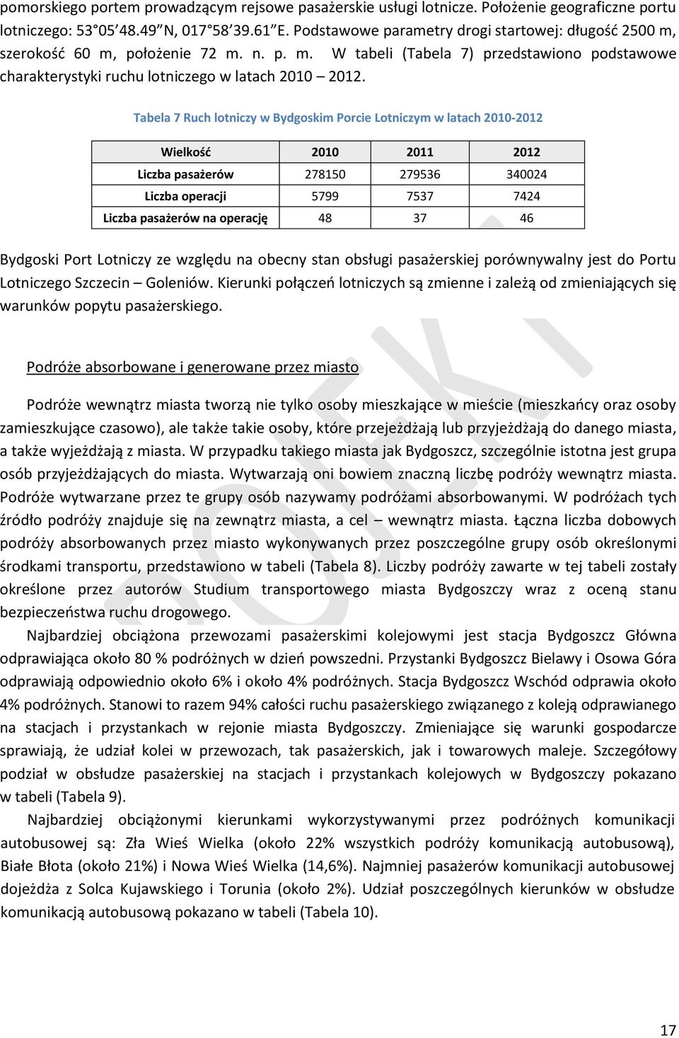 Tabela 7 Ruch lotniczy w Bydgoskim Porcie Lotniczym w latach 2010-2012 Wielkość 2010 2011 2012 Liczba pasażerów 278150 279536 340024 Liczba operacji 5799 7537 7424 Liczba pasażerów na operację 48 37