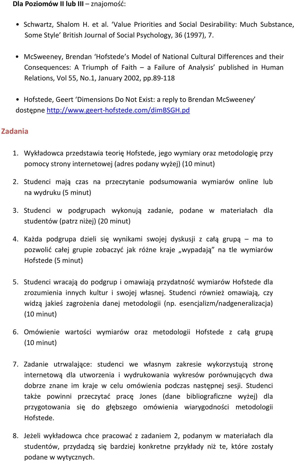 89-118 Hofstede, Geert Dimensions Do Not Exist: a reply to Brendan McSweeney dostępne http://www.geert-hofstede.com/dimbsgh.pd Zadania 1.