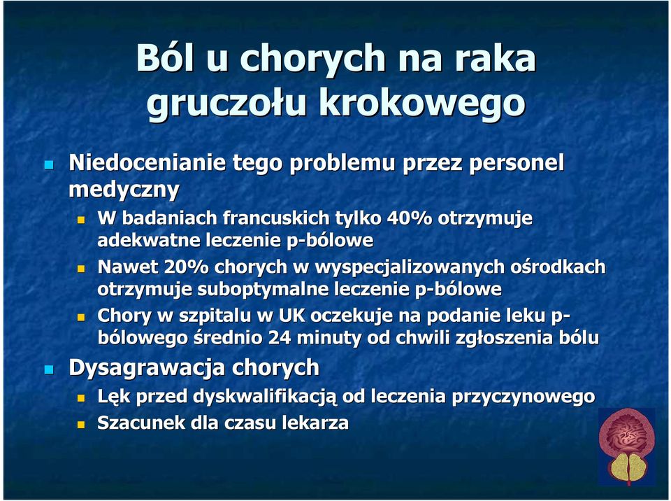 otrzymuje suboptymalne leczenie p-bólowe Chory w szpitalu w UK oczekuje na podanie leku p- bólowego średnio 24