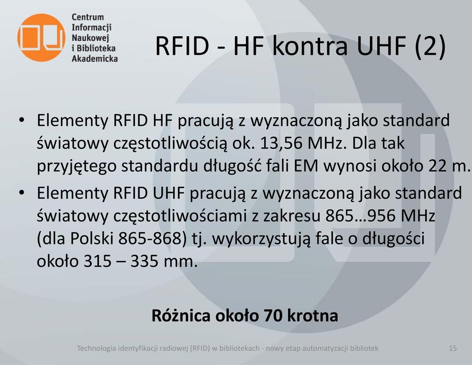 Elementy RFID UHF pracują z wyznaczoną jako standard światowy częstotliwościami z zakresu 865 956 MHz (dla Polski