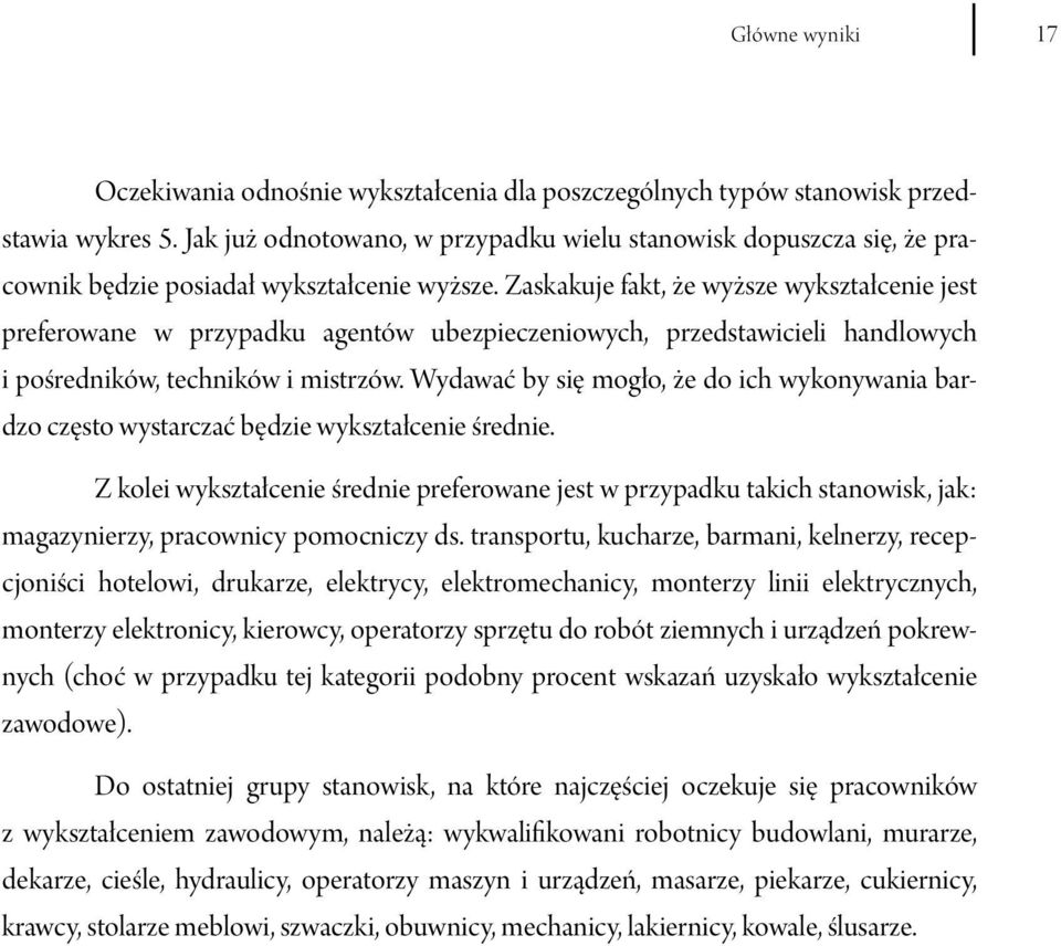 Zaskakuje fakt, że wyższe wykształcenie jest preferowane w przypadku agentów ubezpieczeniowych, przedstawicieli handlowych i pośredników, techników i mistrzów.