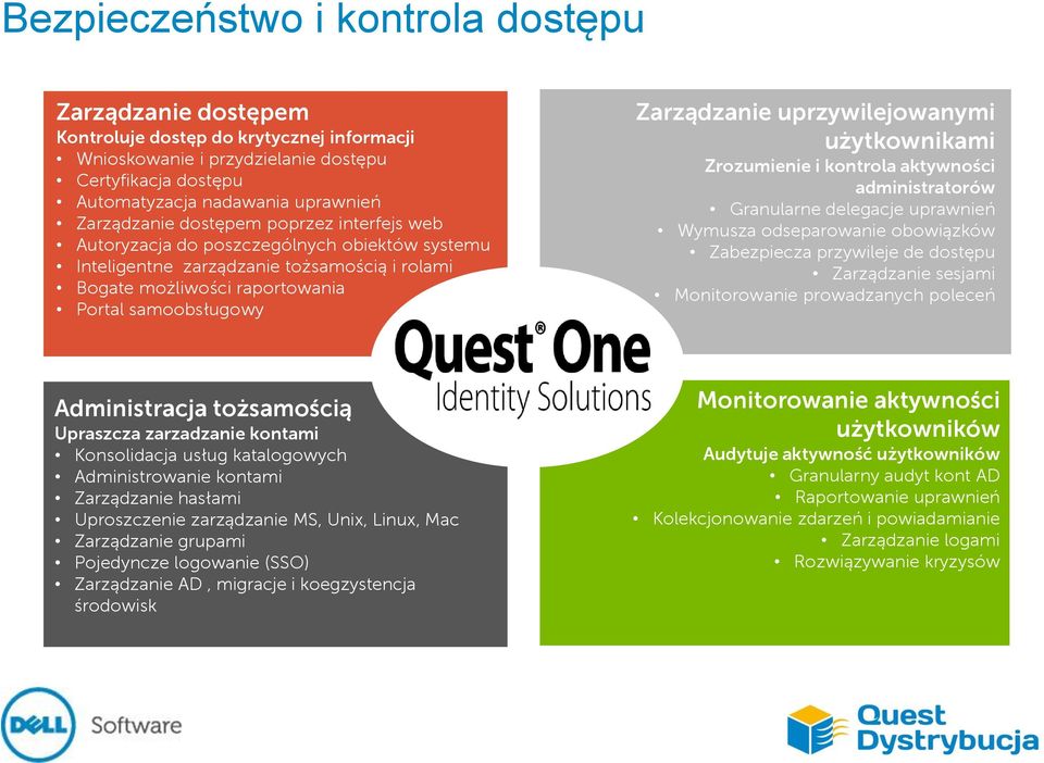 uprzywilejowanymi użytkownikami Zrozumienie i kontrola aktywności administratorów Granularne delegacje uprawnień Wymusza odseparowanie obowiązków Zabezpiecza przywileje de dostępu Zarządzanie sesjami