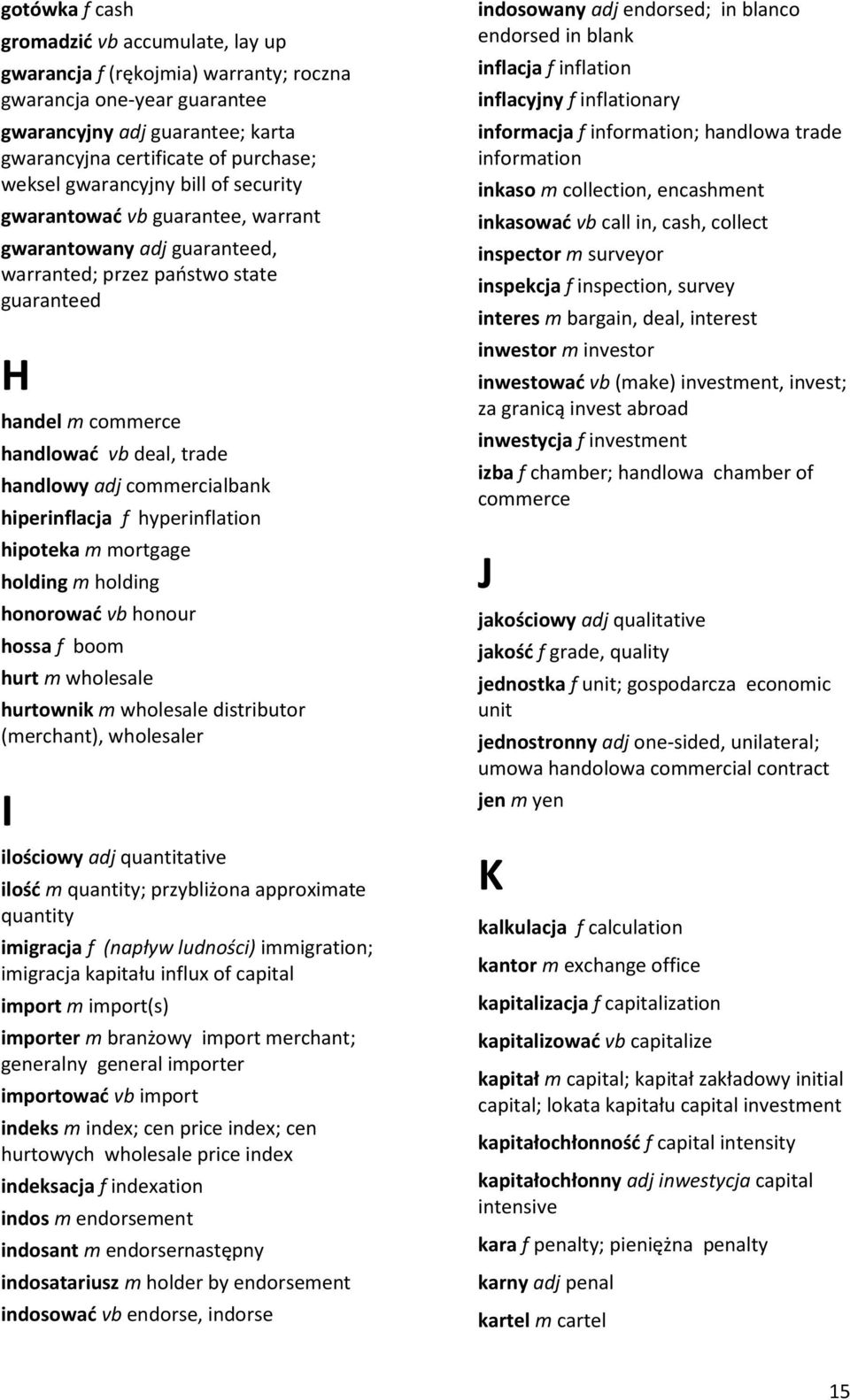 commercialbank hiperinflacja f hyperinflation hipoteka m mortgage holding m holding honorowad vb honour hossa f boom hurt m wholesale hurtownik m wholesale distributor (merchant), wholesaler I