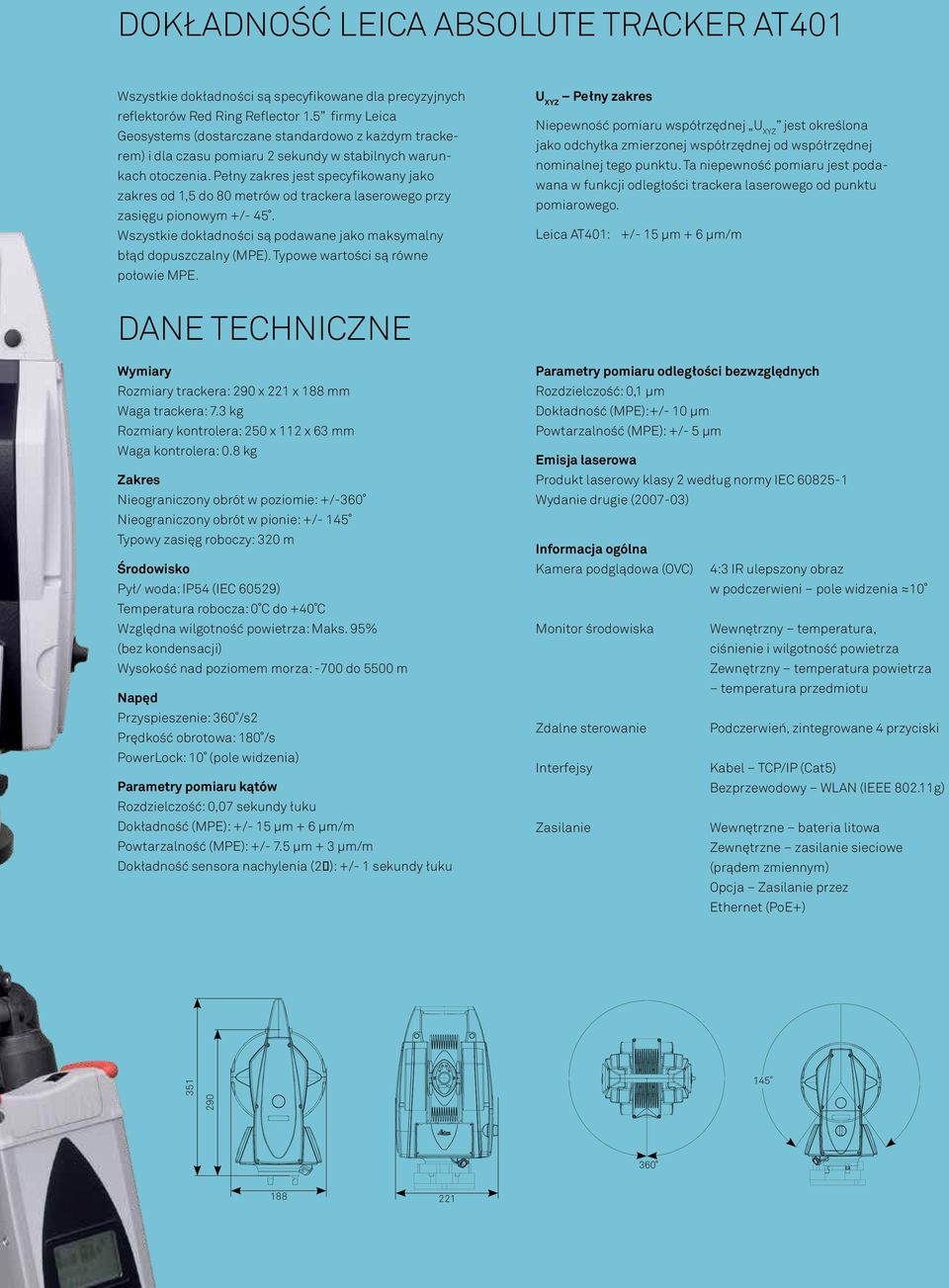 Pełny zakres jest specyfikowany jako zakres od 1,5 do 80 metrów od trackera laserowego przy zasięgu pionowym +/- 45. Wszystkie dokładności są podawane jako maksymalny błąd dopuszczalny (MPE).