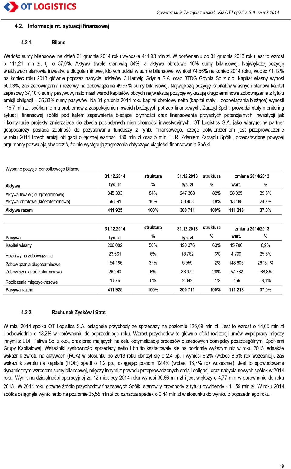 Największą pozycję w aktywach stanowią inwestycje długoterminowe, których udział w sumie bilansowej wyniósł 74,56% na koniec 2014 roku, wobec 71,12% na koniec roku 2013 głównie poprzez nabycie