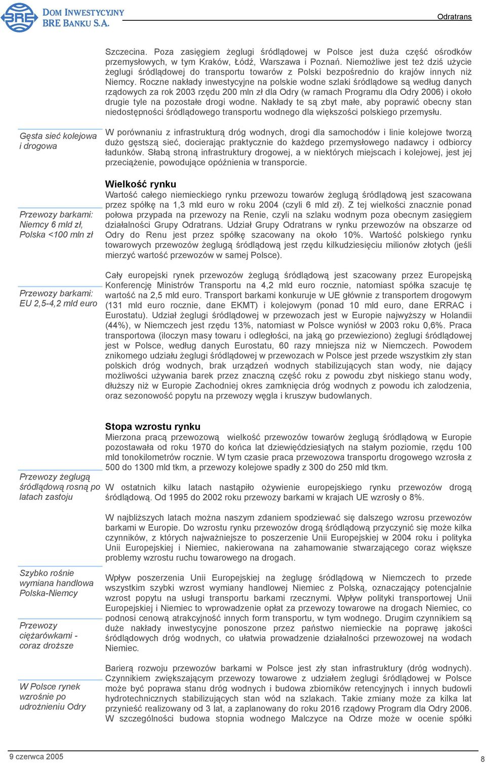 Roczne nakłady inwestycyjne na polskie wodne szlaki śródlądowe są według danych rządowych za rok 2003 rzędu 200 mln zł dla Odry (w ramach Programu dla Odry 2006) i około drugie tyle na pozostałe