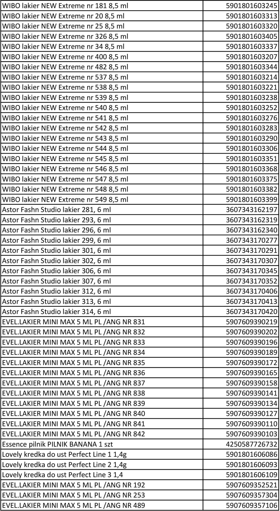 8,5 ml 5901801603214 WIBO lakier NEW Extreme nr 538 8,5 ml 5901801603221 WIBO lakier NEW Extreme nr 539 8,5 ml 5901801603238 WIBO lakier NEW Extreme nr 540 8,5 ml 5901801603252 WIBO lakier NEW