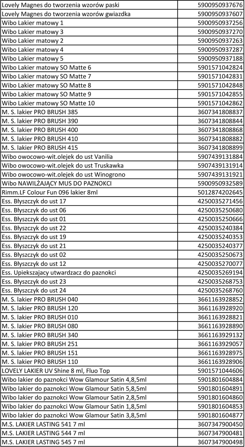 Matte 8 5901571042848 Wibo Lakier matowy SO Matte 9 5901571042855 Wibo Lakier matowy SO Matte 10 5901571042862 M. S. lakier PRO BRUSH 385 3607341808837 M. S. lakier PRO BRUSH 390 3607341808844 M. S. lakier PRO BRUSH 400 3607341808868 M.
