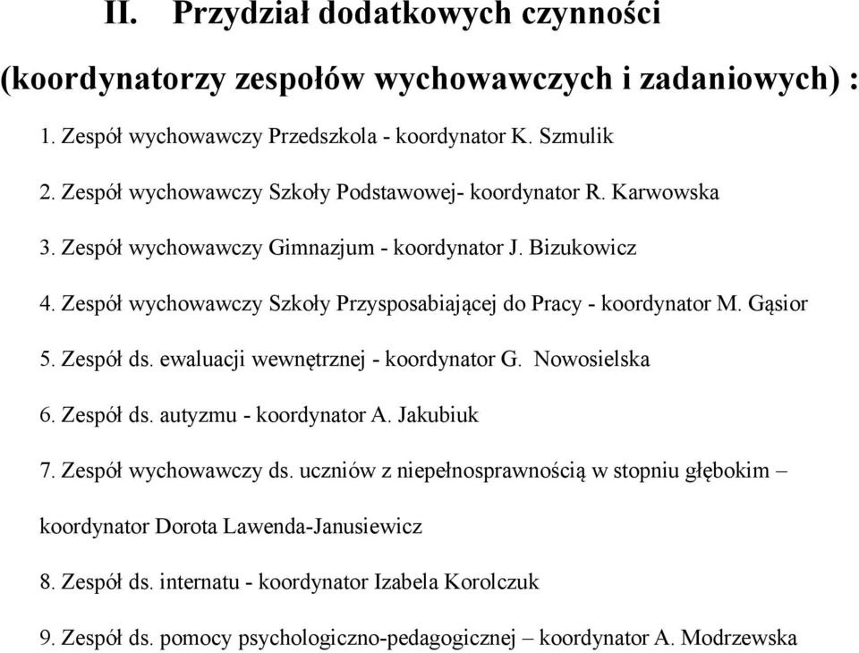 Zespół wychowawczy Szkoły Przysposabiającej do Pracy - koordynator M. Gąsior 5. Zespół ds. ewaluacji wewnętrznej - koordynator G. Nowosielska 6. Zespół ds. autyzmu - koordynator A.