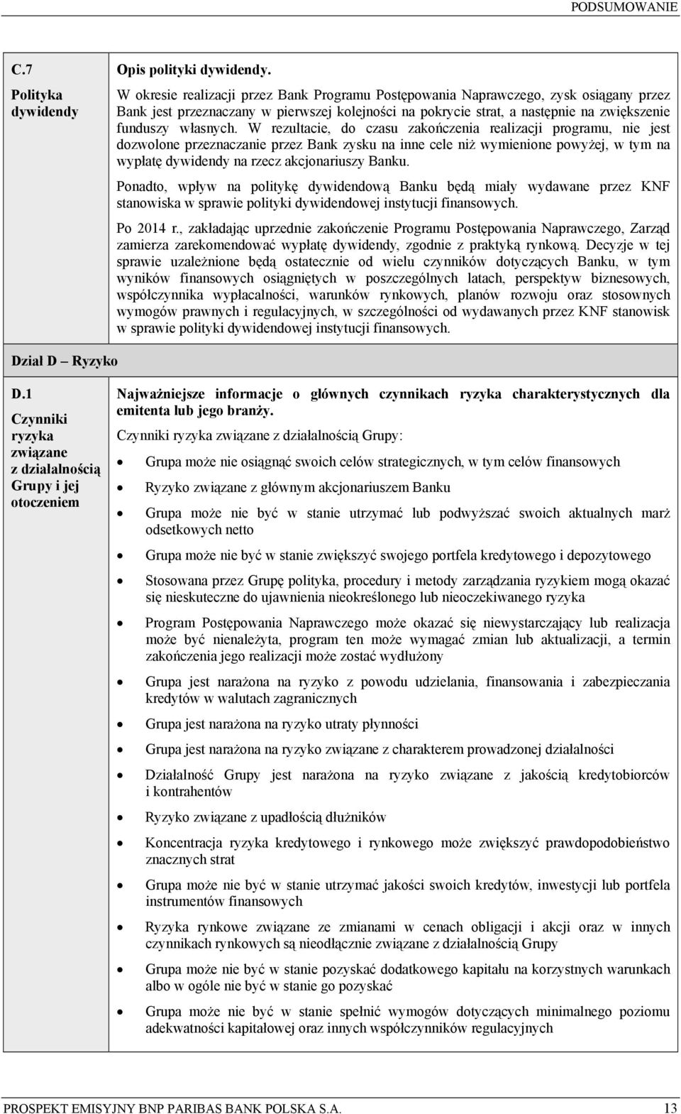 W rezultacie, do czasu zakończenia realizacji programu, nie jest dozwolone przeznaczanie przez Bank zysku na inne cele niż wymienione powyżej, w tym na wypłatę dywidendy na rzecz akcjonariuszy Banku.