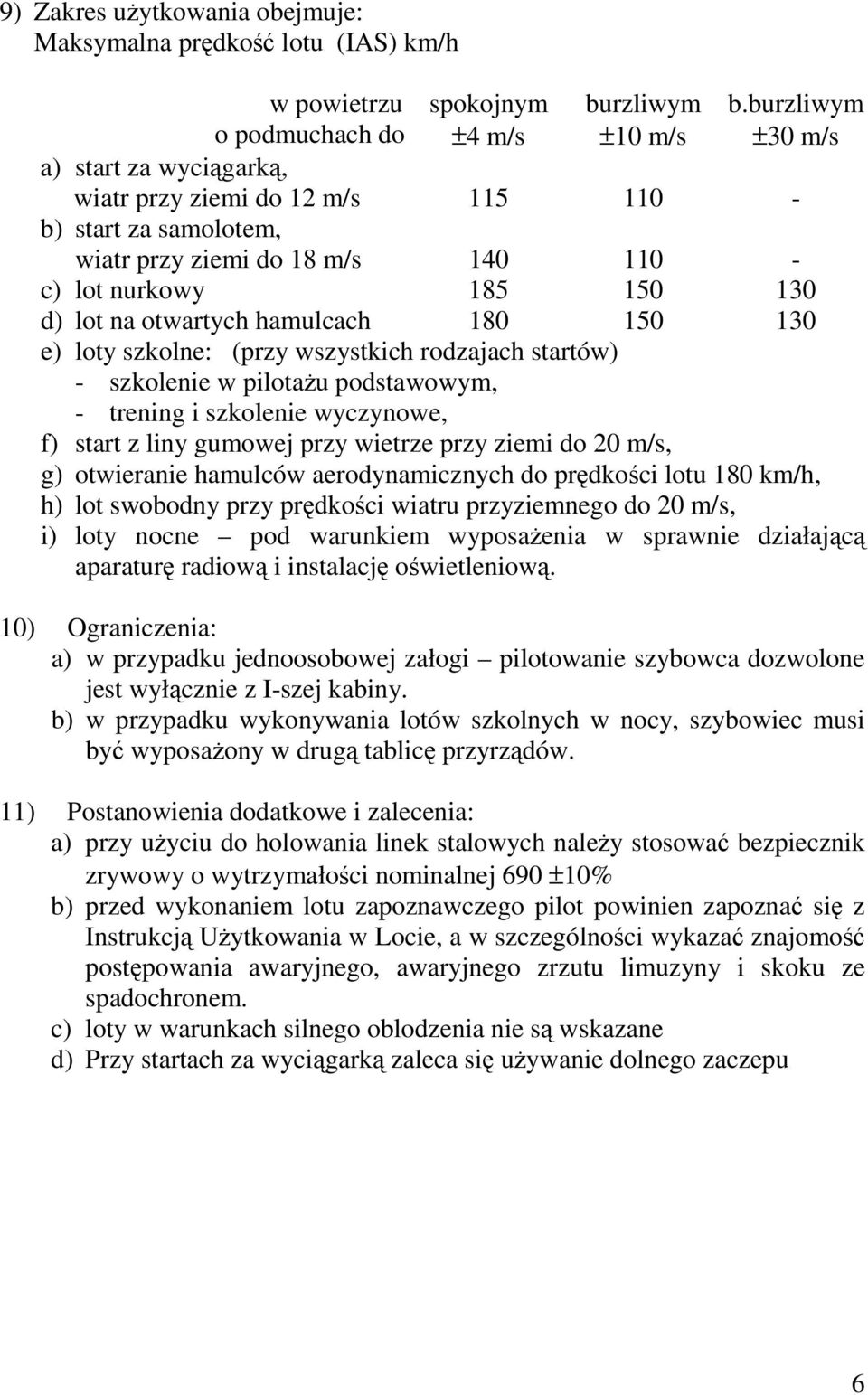 lot na otwartych hamulcach 180 150 130 e) loty szkolne: (przy wszystkich rodzajach startów) - szkolenie w pilotażu podstawowym, - trening i szkolenie wyczynowe, f) start z liny gumowej przy wietrze