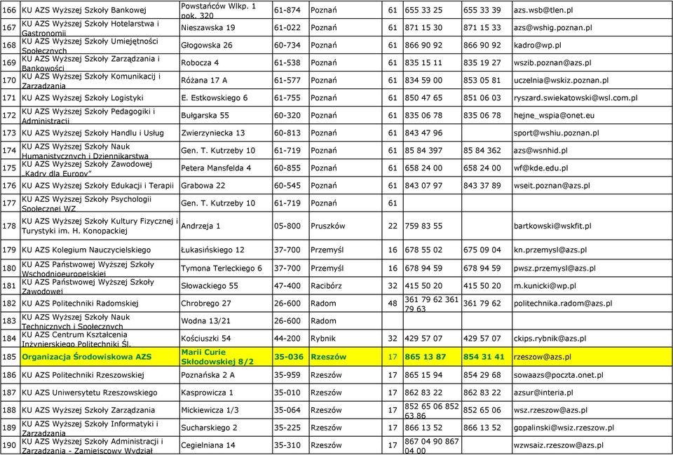 pl Głogowska 26 60-734 Poznań 61 866 90 92 866 90 92 kadro@wp.pl Robocza 4 61-538 Poznań 61 835 15 11 835 19 27 wszib.poznan@azs.pl Różana 17 A 61-577 Poznań 61 834 59 00 853 05 81 uczelnia@wskiz.