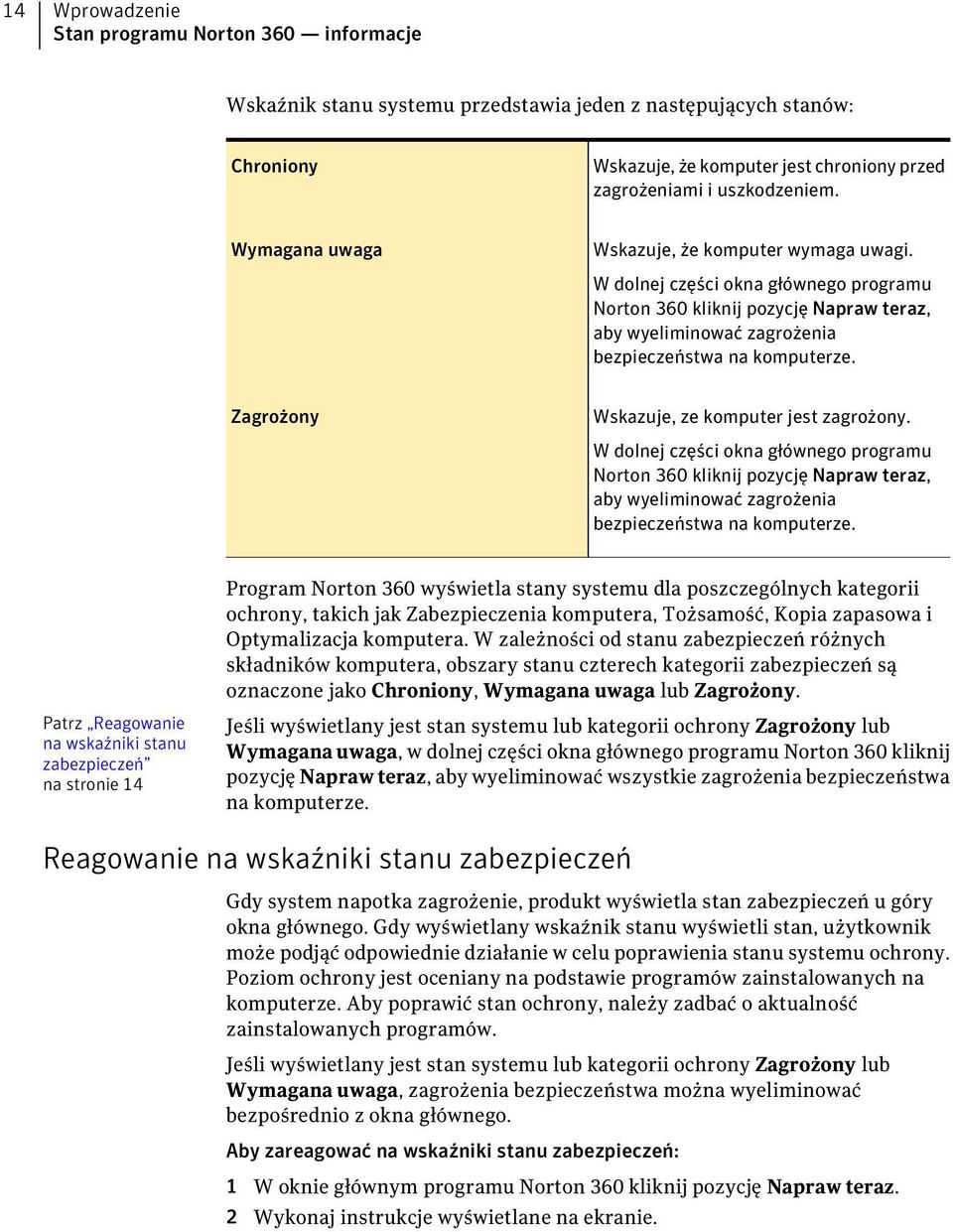 Zagrożony Wskazuje, ze komputer jest zagrożony. W dolnej części okna głównego programu Norton 360 kliknij pozycję Napraw teraz, aby wyeliminować zagrożenia bezpieczeństwa na komputerze.