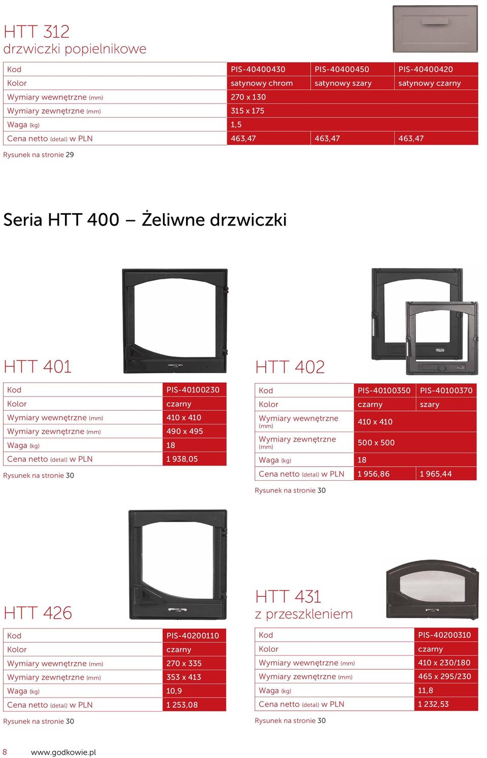 PIS-40100370 szary Waga (kg) 18 410 x 410 500 x 500 Cena netto (detal) w PLN 1 956,86 1 965,44 Rysunek na stronie 30 HTT 426 PIS-40200110 270 x 335 353 x 413 Waga (kg) 10,9 Cena netto