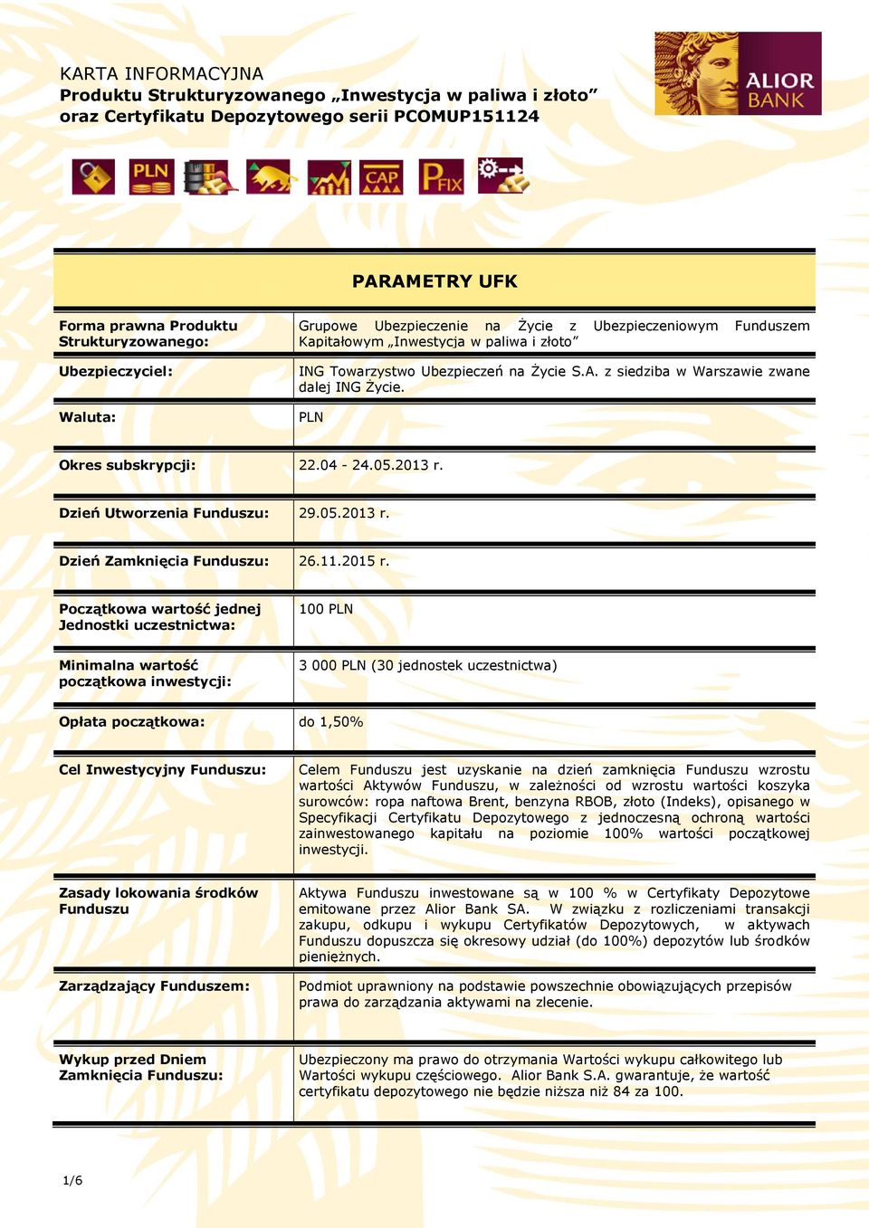 PLN Okres subskrypcji: 22.04-24.05.2013 r. Dzień Utworzenia Funduszu: 29.05.2013 r. Dzień Zamknięcia Funduszu: 26.11.2015 r.