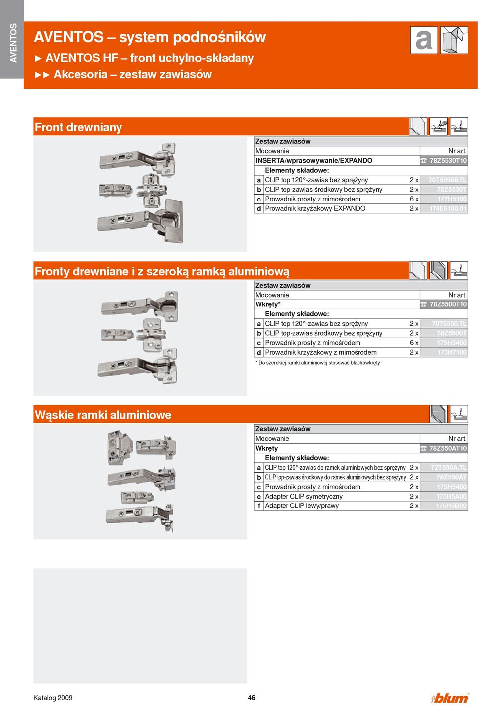 01 Fronty drewniane i z szeroką ramką aluminiową Zestaw zawiasów Mocowanie Wkręty* Elementy składowe: a b c d CLIP top 120 -zawias bez sprężyny CLIP top-zawias środkowy bez sprężyny Prowadnik prosty