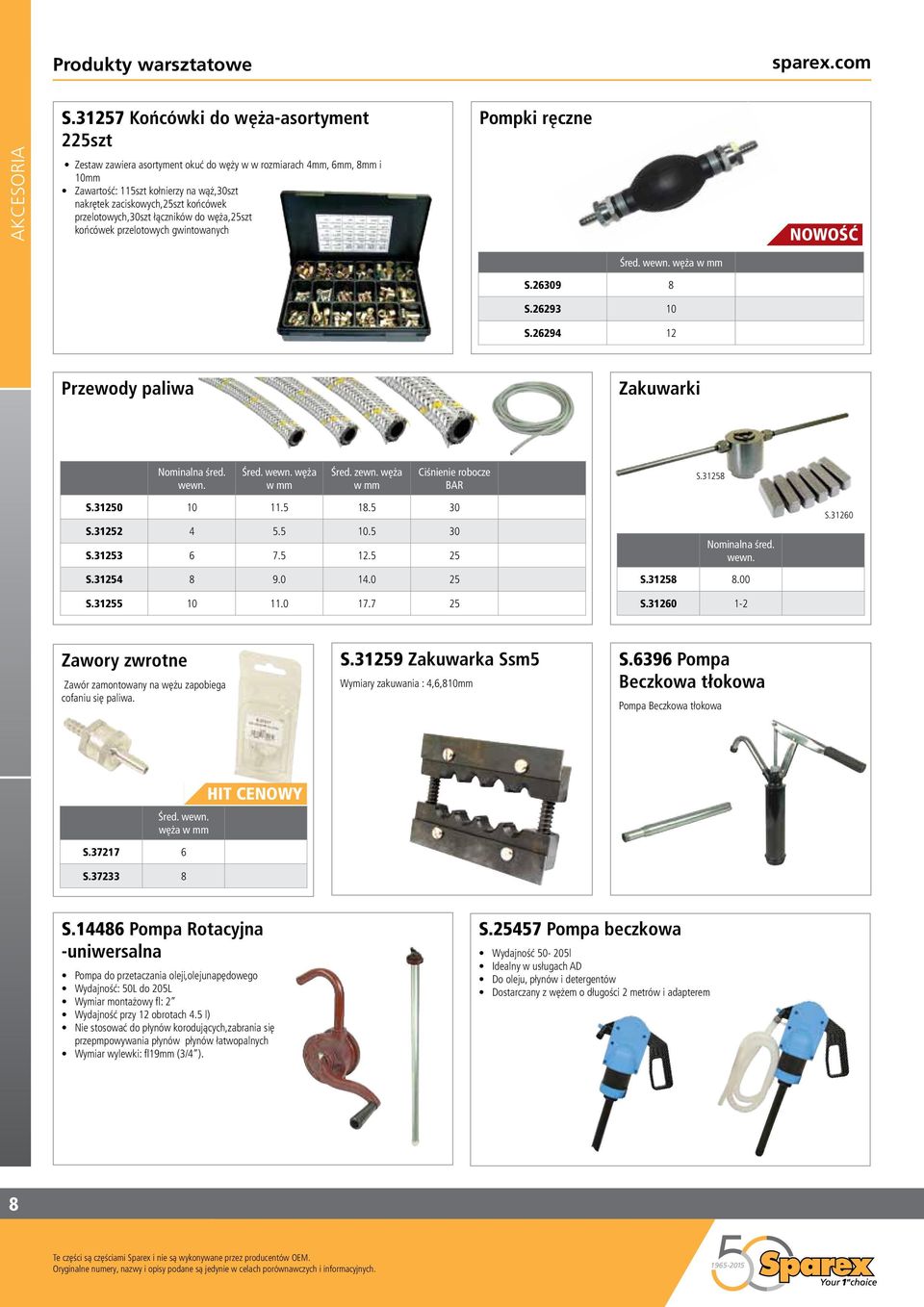 przelotowych,30szt łączników do węża,25szt końcówek przelotowych gwintowanych Pompki ręczne NOWOŚĆ Śred. wewn. węża w S.26309 8 S.26293 10 S.26294 12 Przewody paliwa Zakuwarki Nominalna śred. wewn. Śred. wewn. węża w Śred.