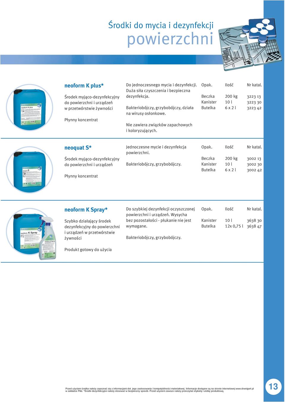 6 x 2 l 3223 13 3223 30 3223 42 neoquat S* Środek myjąco-dezynfekcyjny do powierzchni i urządzeń Jednoczesne mycie i dezynfekcja powierzchni. Bakteriobójczy, grzybobójczy.