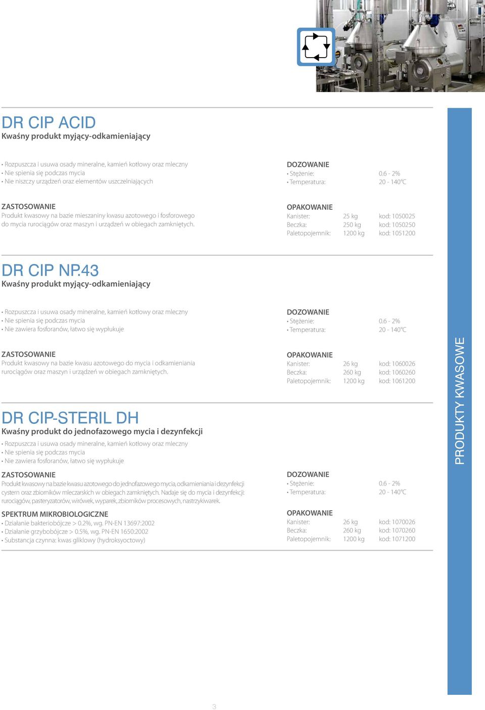 Kanister: 25 kg kod: 1050025 Beczka: 250 kg kod: 1050250 Paletopojemnik: 1200 kg kod: 1051200 DR CIP NP.