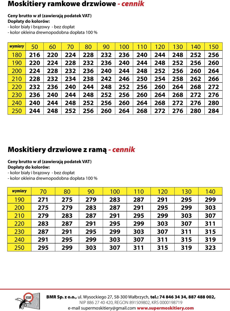 256 260 264 268 272 276 280 250 244 248 252 256 260 264 268 272 276 280 284 Moskitiery drzwiowe z ramą - cennik wymiary 70 80 90 100 110 120 130 140 190 271 275 279 283 287 291 295 299 200 275 279