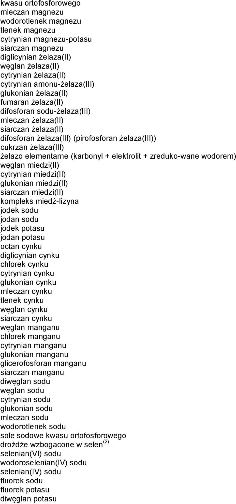 żelazo elementarne (karbonyl + elektrolit + zreduko-wane wodorem) węglan miedzi(ii) cytrynian miedzi(ii) glukonian miedzi(ii) siarczan miedzi(ii) kompleks miedź-lizyna jodek sodu jodan sodu jodek