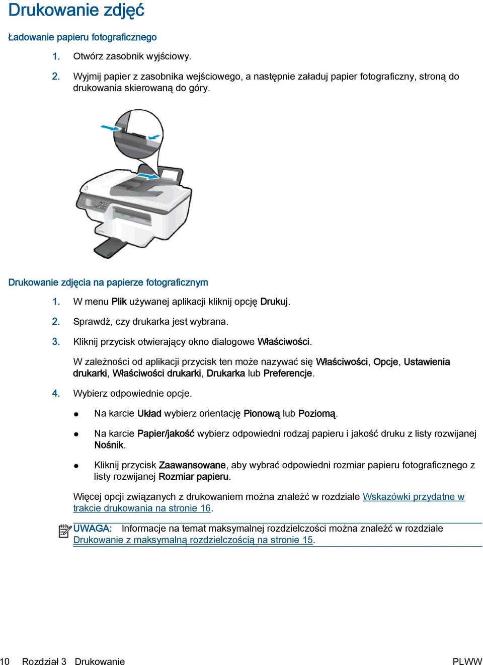 W menu Plik używanej aplikacji kliknij opcję Drukuj. 2. Sprawdź, czy drukarka jest wybrana. 3. Kliknij przycisk otwierający okno dialogowe Właściwości.