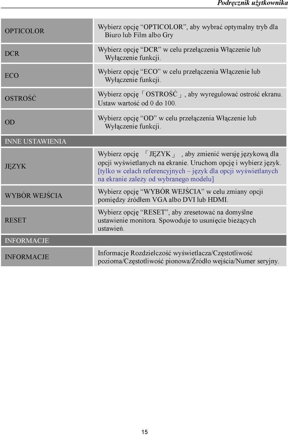 Wybierz opcję OD w celu przełączenia Włączenie lub Wyłączenie funkcji. Wybierz opcję JĘZYK, aby zmienić wersję językową dla opcji wyświetlanych na ekranie. Uruchom opcję i wybierz język.