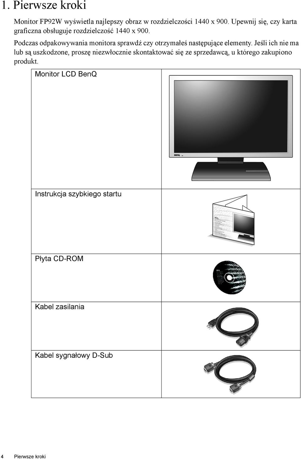 Podczas odpakowywania monitora sprawdź czy otrzymałeś następujące elementy.