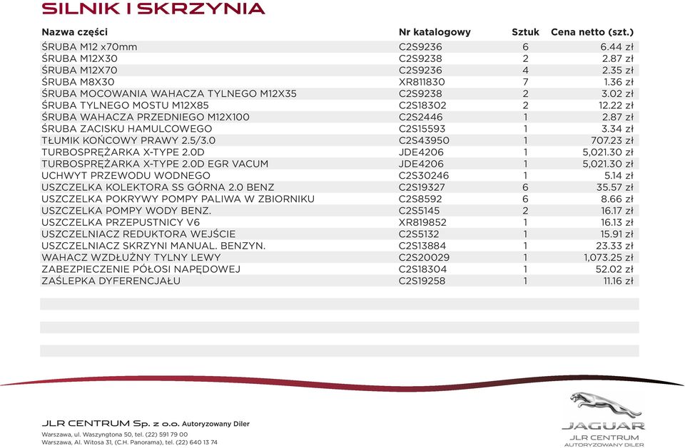 23 zł TURBOSPRĘŻARKA X-TYPE 2.0D JDE4206 1 5,021.30 zł TURBOSPRĘŻARKA X-TYPE 2.0D EGR VACUM JDE4206 1 5,021.30 zł UCHWYT PRZEWODU WODNEGO C2S30246 1 5.14 zł USZCZELKA KOLEKTORA SS GÓRNA 2.