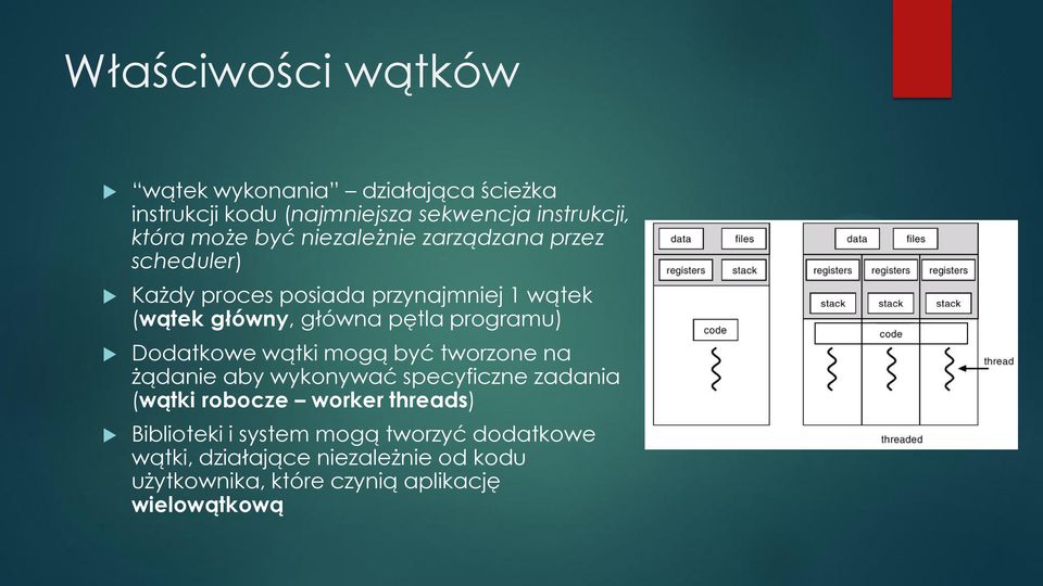 Dodatkowe wątki mogą być tworzone na żądanie aby wykonywać specyficzne zadania (wątki robocze worker threads)