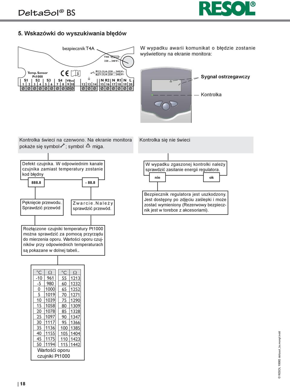 .. 240) V~ N R2 N R1 N 15 16 17 18 19 L 20 Sygnał ostrzegawczy Kontrolka Kontrolka świeci na czerwono. Na ekra monitora pokaże się symbol ; symbol miga. Kontrolka się świeci Defekt czujnika.