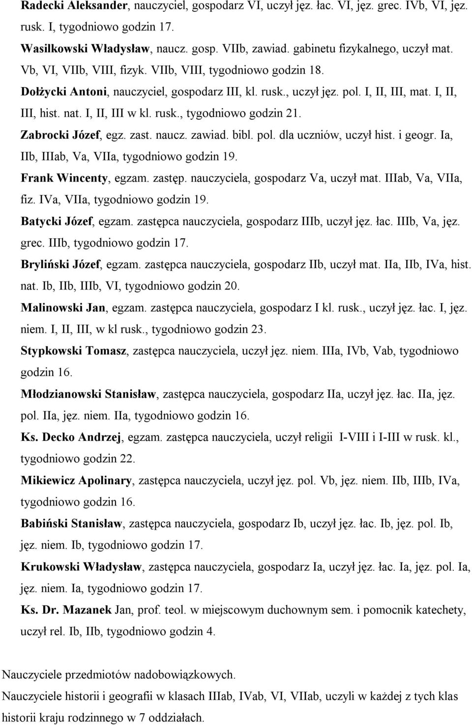 nat. I, II, III w kl. rusk., tygodniowo godzin 21. Zabrocki Józef, egz. zast. naucz. zawiad. bibl. pol. dla uczniów, uczył hist. i geogr. Ia, IIb, IIIab, Va, VIIa, tygodniowo godzin 19.