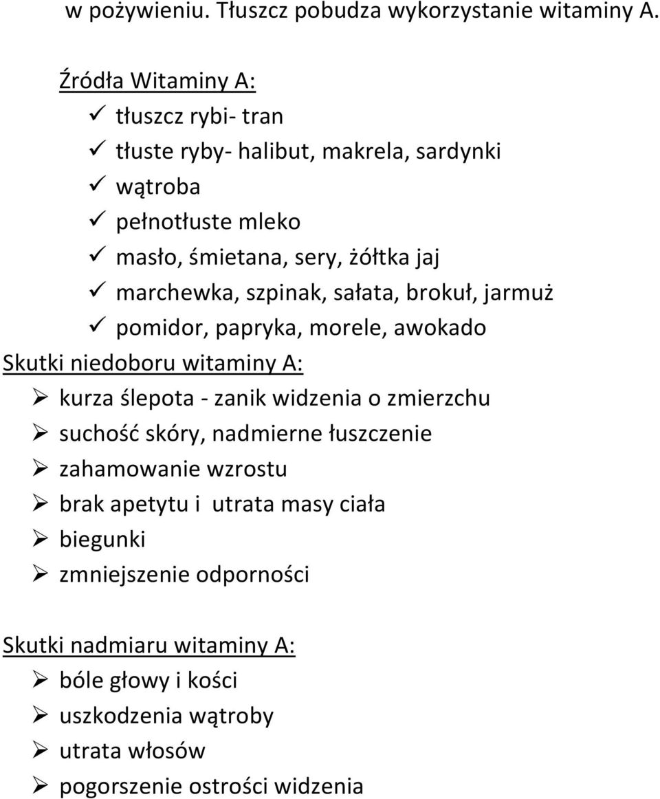 marchewka, szpinak, sałata, brokuł, jarmuż pomidor, papryka, morele, awokado Skutki niedoboru witaminy A: kurza ślepota - zanik widzenia o