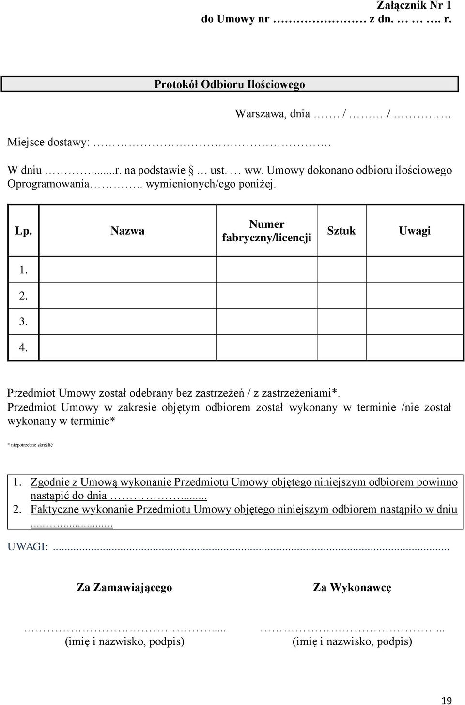 Przedmiot Umowy w zakresie objętym odbiorem został wykonany w terminie /nie został wykonany w terminie* * niepotrzebne skreślić 1.