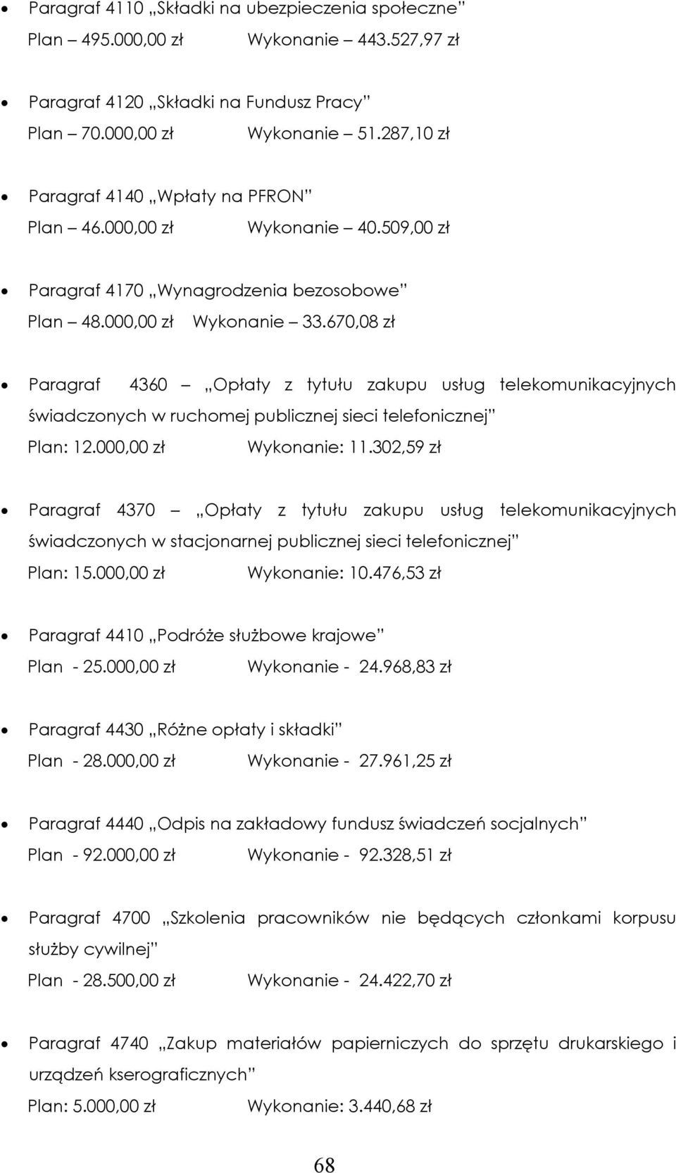 670,08 zł Paragraf 4360 Opłaty z tytułu zakupu usług telekomunikacyjnych świadczonych w ruchomej publicznej sieci telefonicznej Plan: 12.000,00 zł Wykonanie: 11.