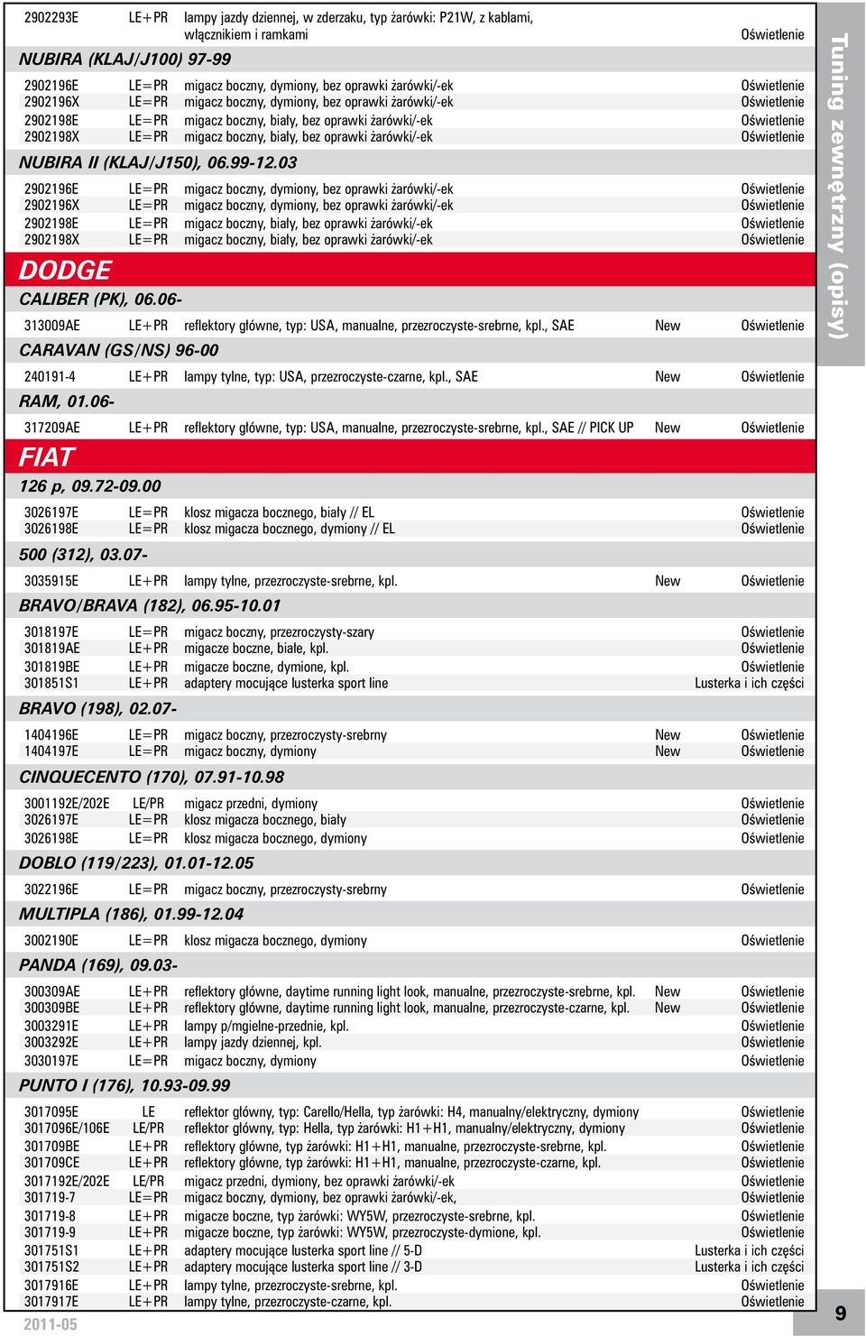 bez oprawki żarówki/-ek Oświetlenie NUBIRA II (KLAJ/J150), 06.99-12.03 2902196E LE=PR migacz boczny, dymiony, bez oprawki żarówki/-ek  bez oprawki żarówki/-ek Oświetlenie DODGE CALIBER (PK), 06.