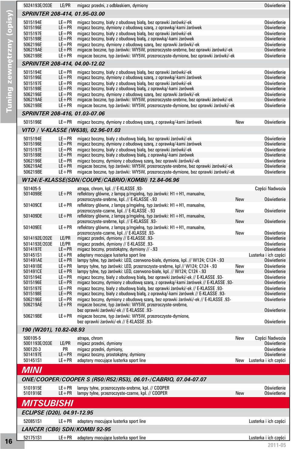 migacz boczny, biały z obudową białą, bez oprawki żarówki/-ek Oświetlenie 5015198E LE=PR migacz boczny, biały z obudową białą, z oprawką/-kami żarówek Oświetlenie 5062196E LE=PR migacz boczny,