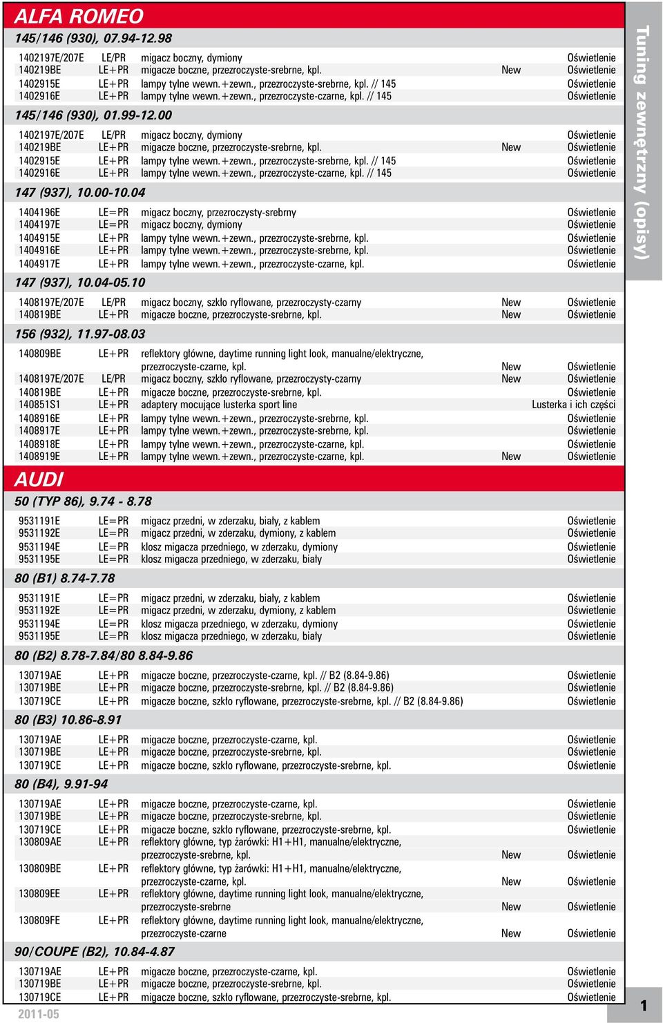 00 1402197E/207E LE/PR migacz boczny, dymiony Oświetlenie 140219BE migacze boczne, New Oświetlenie 1402915E lampy tylne wewn.+zewn., // 145 Oświetlenie 1402916E lampy tylne wewn.+zewn., // 145 Oświetlenie 147 (937), 10.
