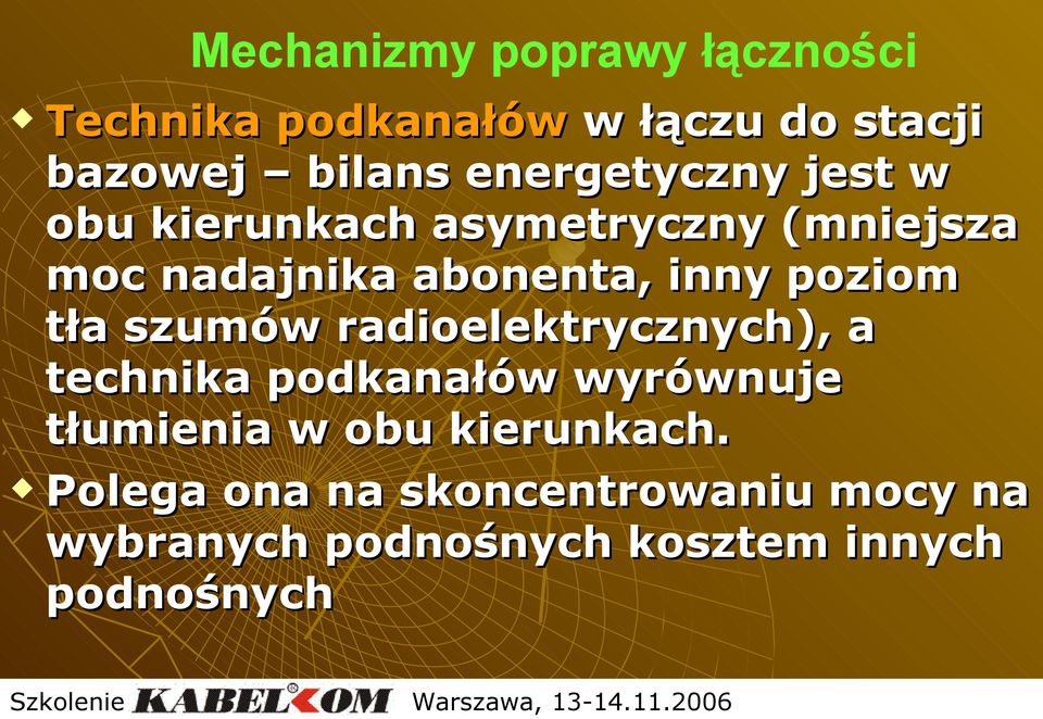 poziom tła szumów radioelektrycznych), a technika podkanałów wyrównuje tłumienia w obu