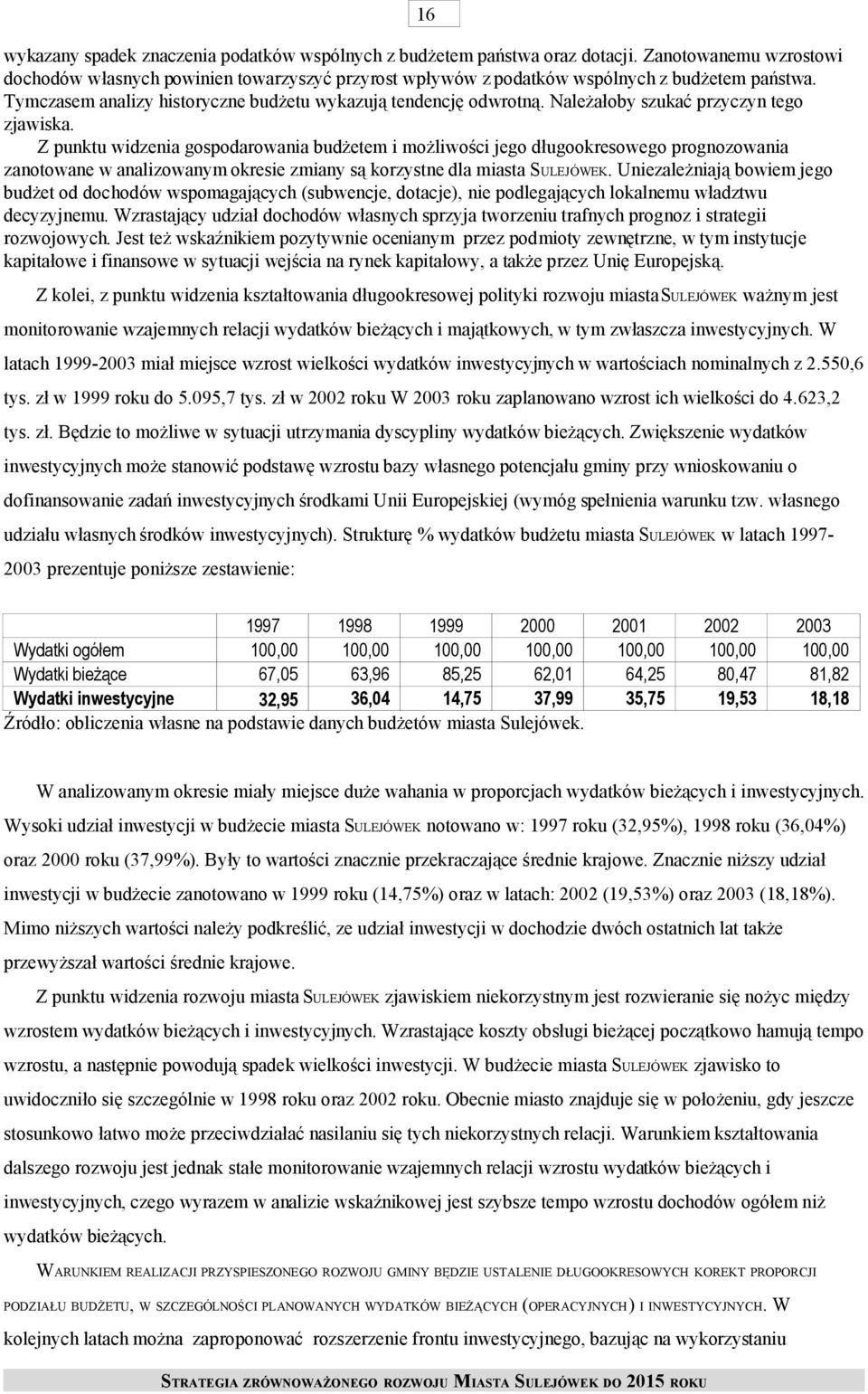 Z punktu widzenia gospodarowania budżetem i możliwości jego długookresowego prognozowania zanotowane w analizowanym okresie zmiany są korzystne dla miasta SULEJÓWEK.