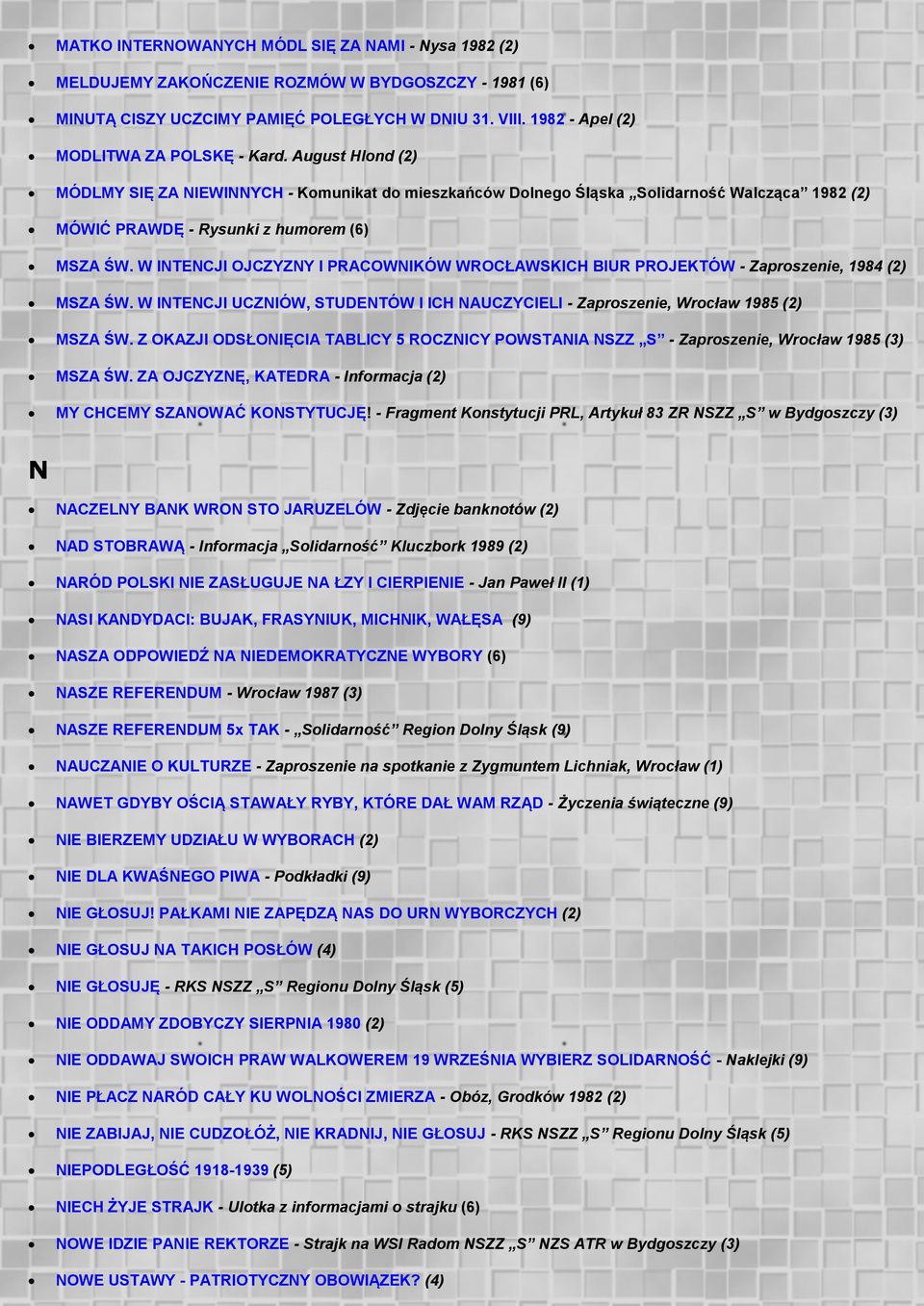 August Hlond (2) MÓDLMY SIĘ ZA NIEWINNYCH - Komunikat do mieszkańców Dolnego Śląska Solidarność Walcząca 1982 (2) MÓWIĆ PRAWDĘ - Rysunki z humorem (6) MSZA ŚW.