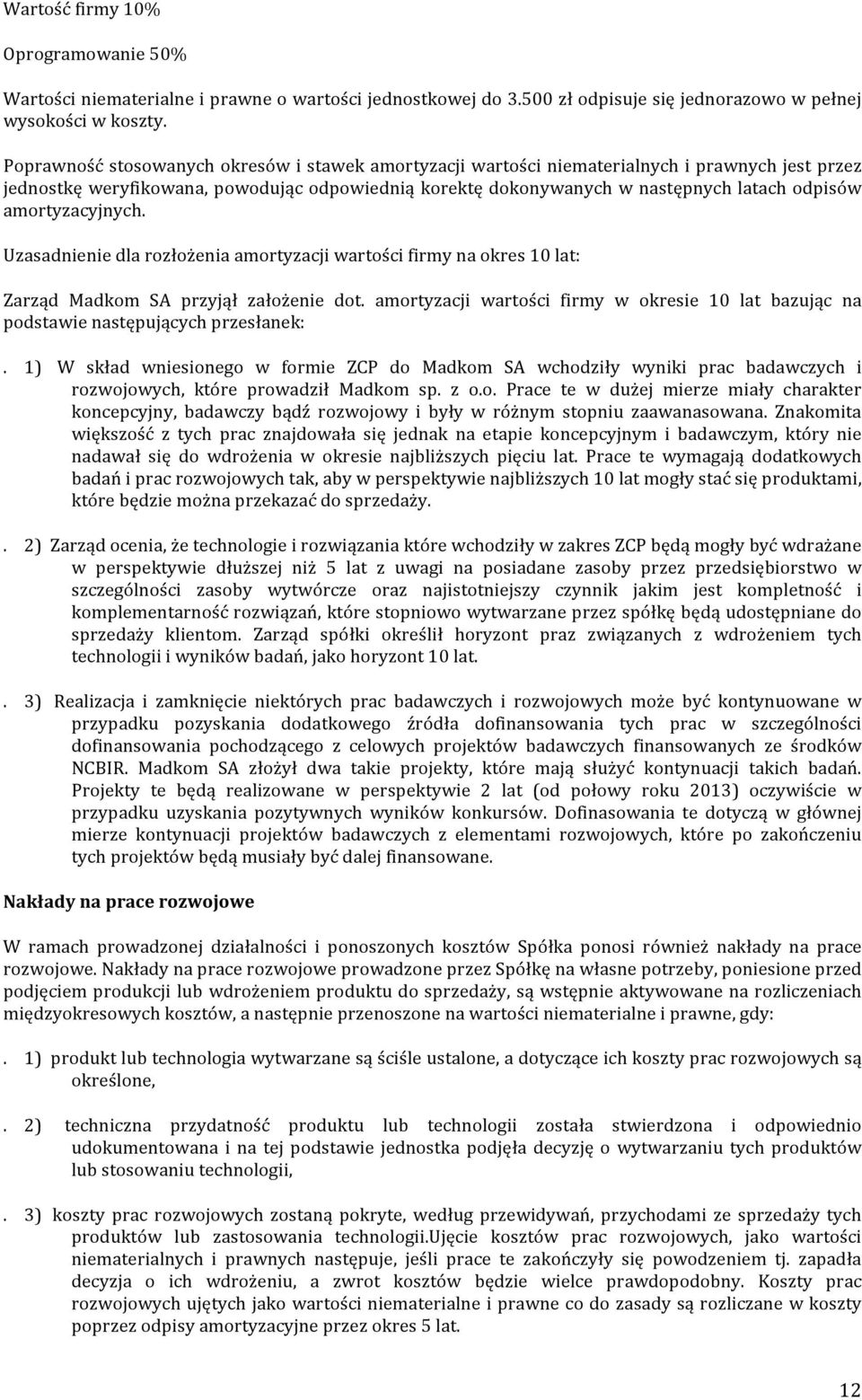 amortyzacyjnych. Uzasadnienie dla rozłożenia amortyzacji wartości firmy na okres 10 lat: Zarząd Madkom SA przyjął założenie dot.