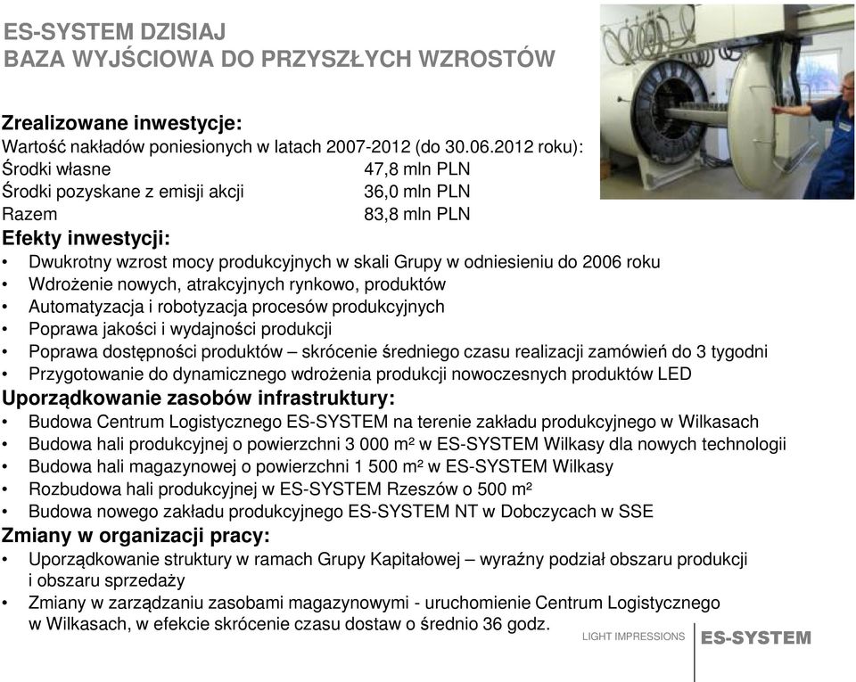 Wdrożenie nowych, atrakcyjnych rynkowo, produktów Automatyzacja i robotyzacja procesów produkcyjnych Poprawa jakości i wydajności produkcji Poprawa dostępności produktów skrócenie średniego czasu