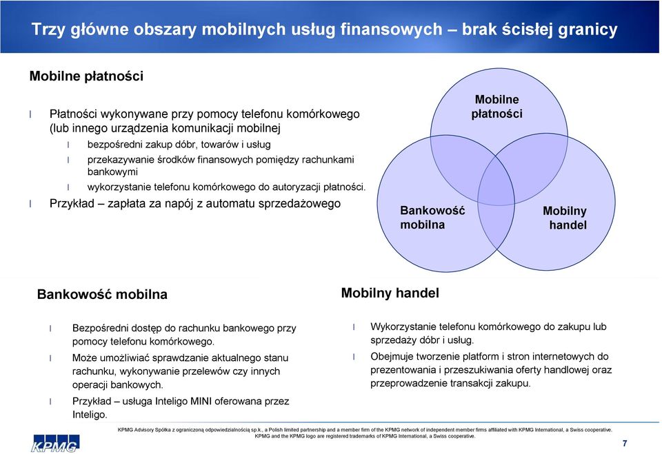 Przykład zapłata za napój z automatu sprzedażowego Bankowość mobilna Mobilne płatności Mobilny handel Bankowość mobilna Mobilny handel Bezpośredni dostęp do rachunku bankowego przy pomocy telefonu