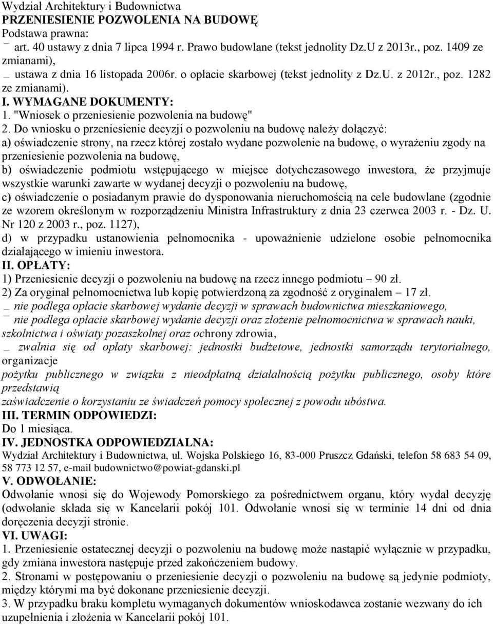 "Wniosek o przeniesienie pozwolenia na budowę" 2.