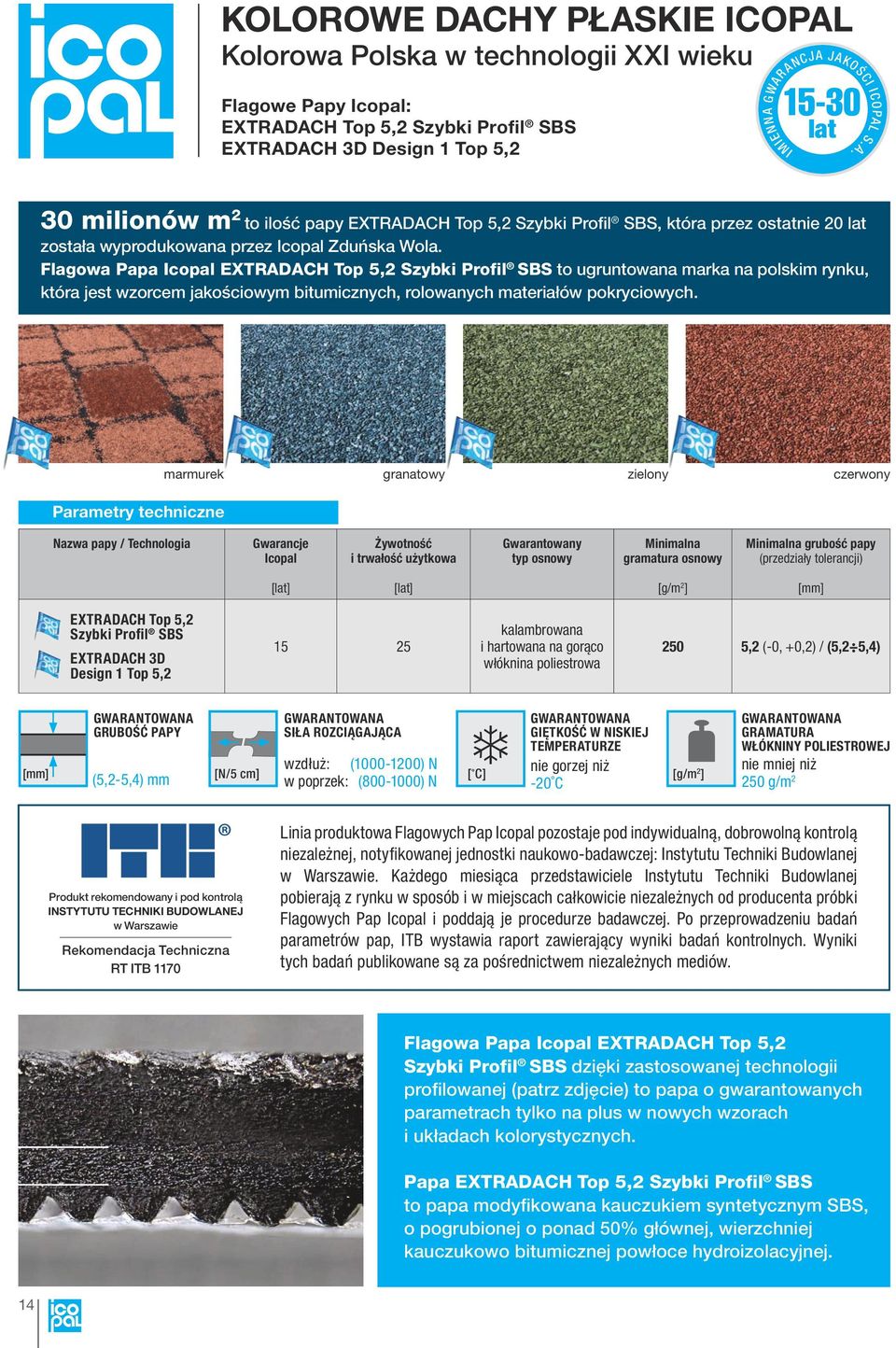 Parametry techniczne marmurek granatowy zielony czerwony Nazwa papy / Technologia Gwarancje Icopal Żywotność i trwałość użytkowa Gwarantowany typ osnowy Minimalna gramatura osnowy Minimalna grubość